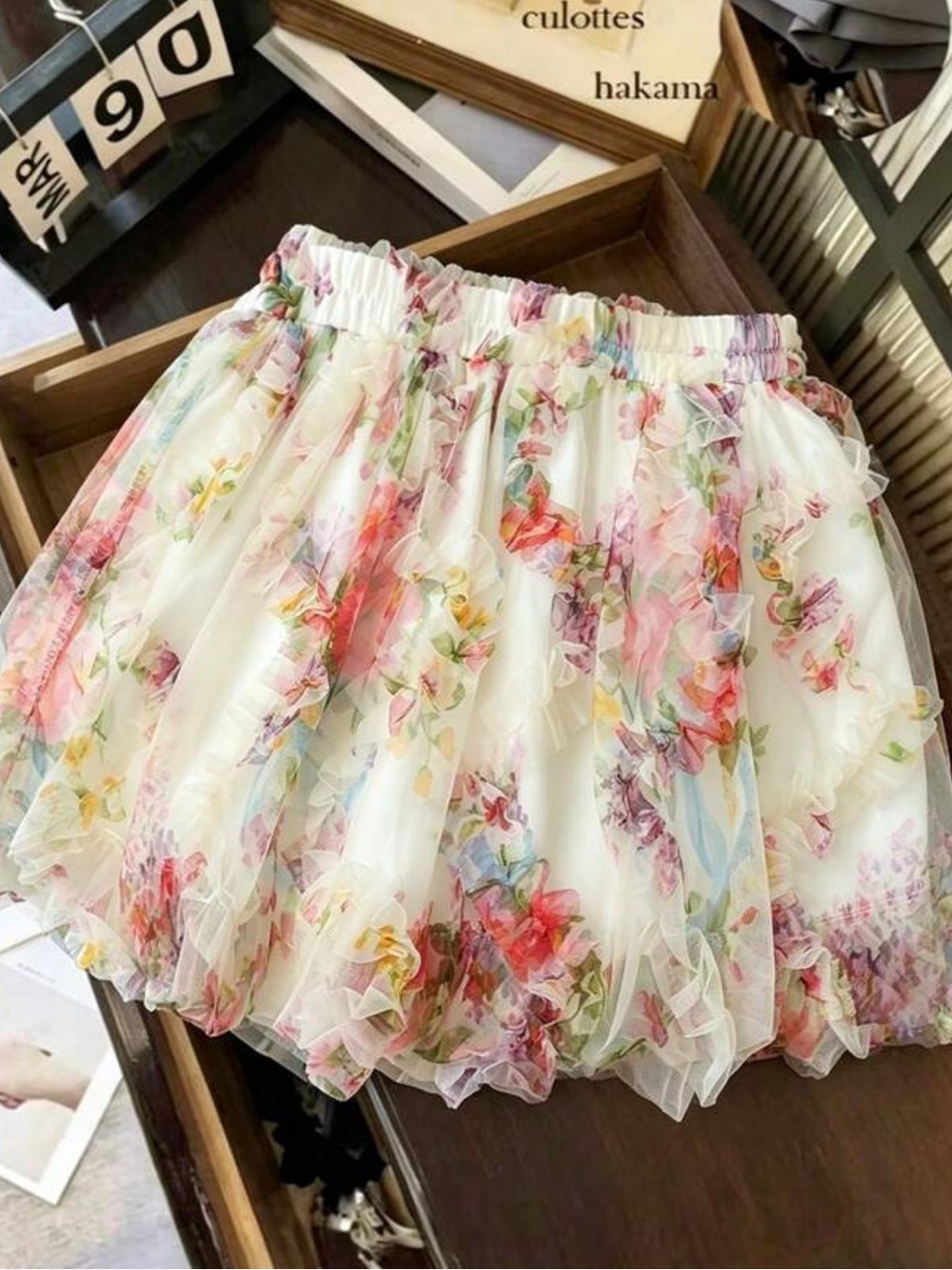 Floral Ruffle Tulle Skirt - White with Pastel Floral